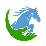 logo of progressive equine partnerships. Blue horse jumping out of green hand.